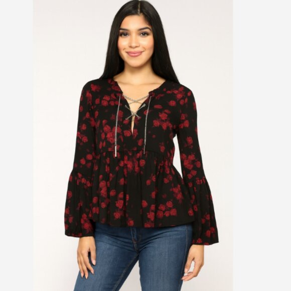 Michael Kors Top Blouse Women’s Size XXS Black Red Floral Tie-Up Gold Chain Boho - Picture 1 of 4